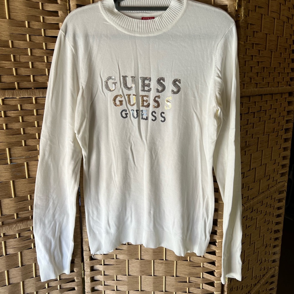 Guess White Sweater with Multicolor Sequin Logo. XL.